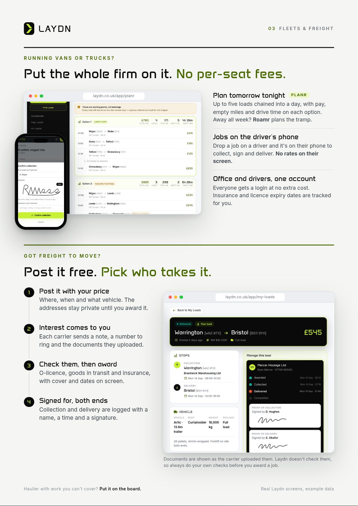 Page 4 of 5. Fleets and freight: Planr day plans, jobs on the driver's phone with no rates shown, office and drivers on one account. Got freight? Post it free, interest comes to you, check them then award, signed for at both ends.