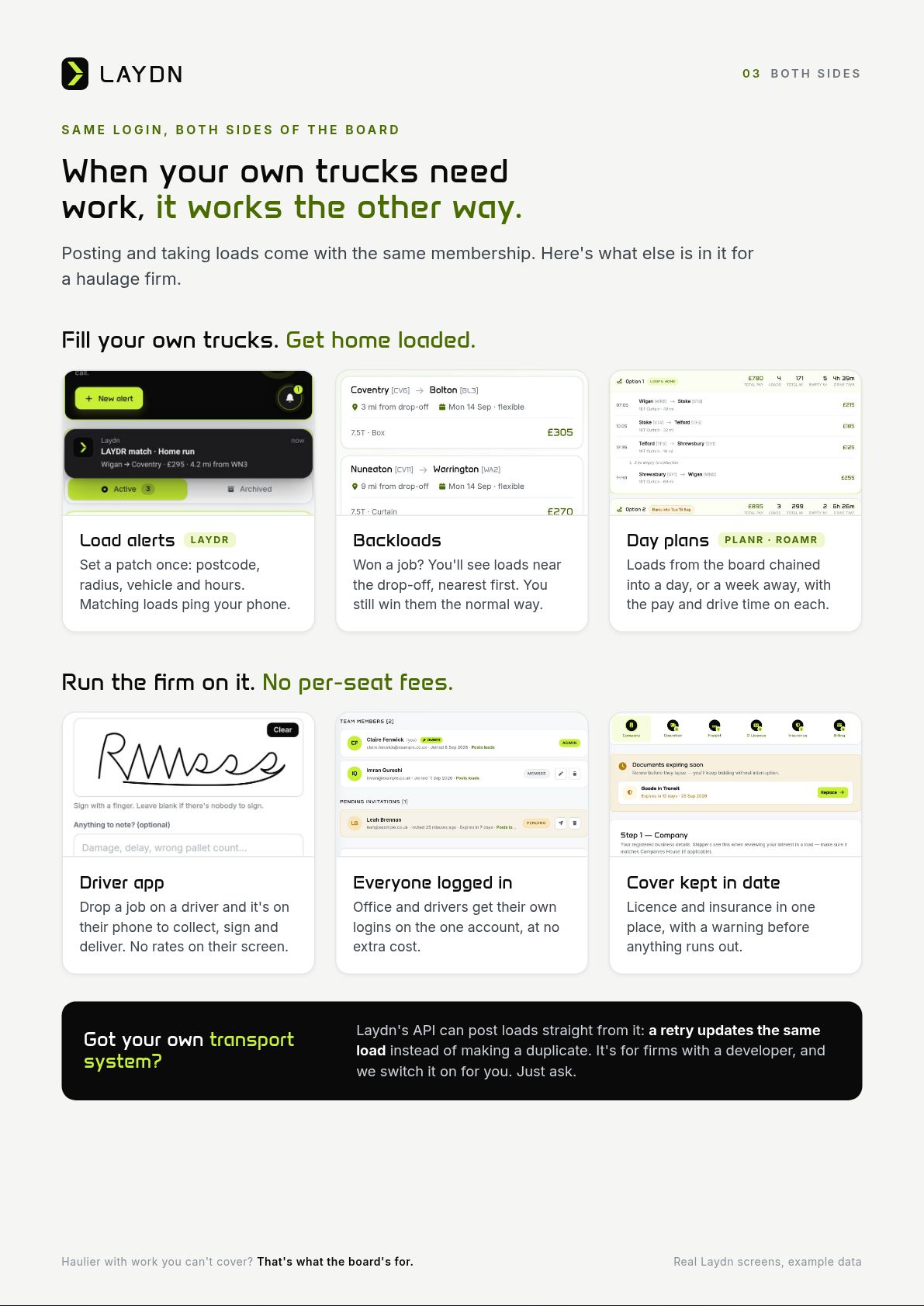 Page 4 of 5. Both sides: load alerts, backloads and day plans for your own trucks; the driver app, team logins and insurance reminders; and an API for your own transport system.