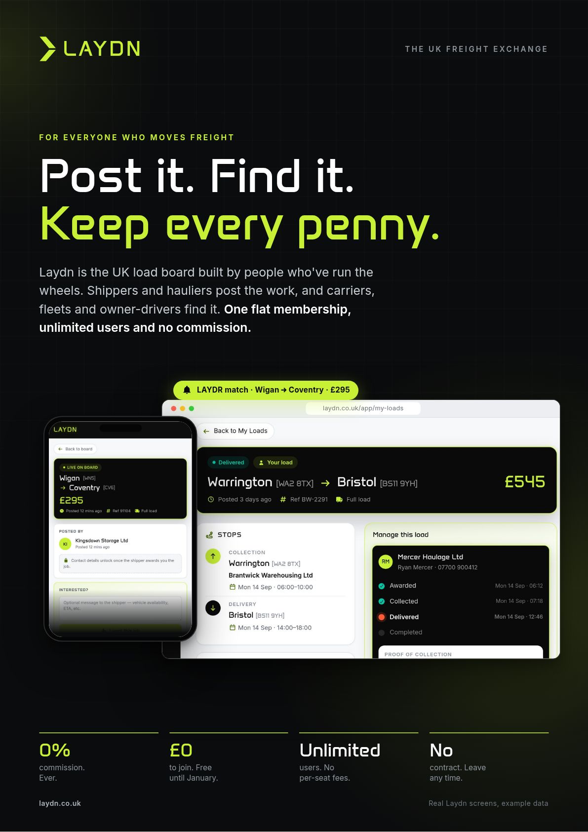 Page 1 of 5. Cover: Post it. Find it. Keep every penny. Shippers and hauliers post the work, and carriers, fleets and owner-drivers find it. One flat membership, unlimited users and no commission.