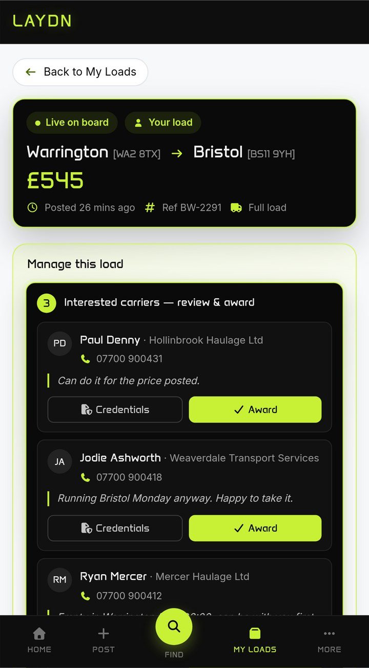 Interested carriers on a load, each with Credentials and Award buttons