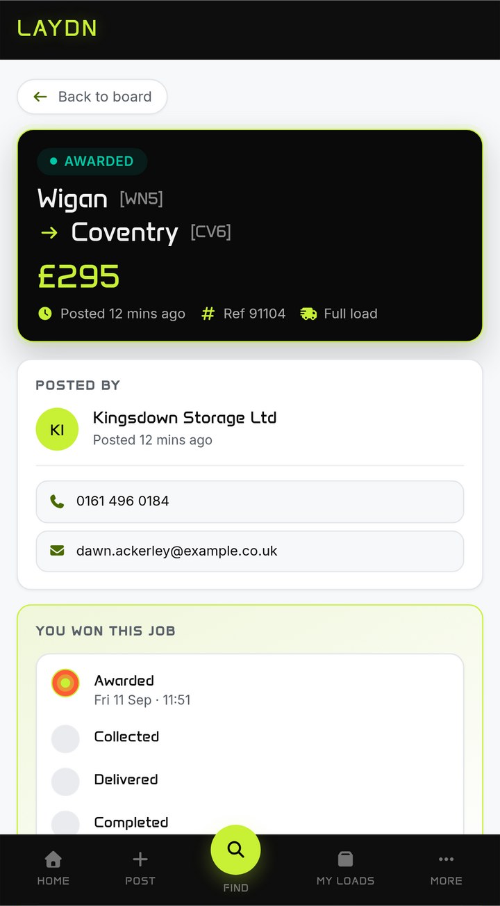 An awarded job, Wigan to Coventry for £295, with the shipper's phone and email unlocked