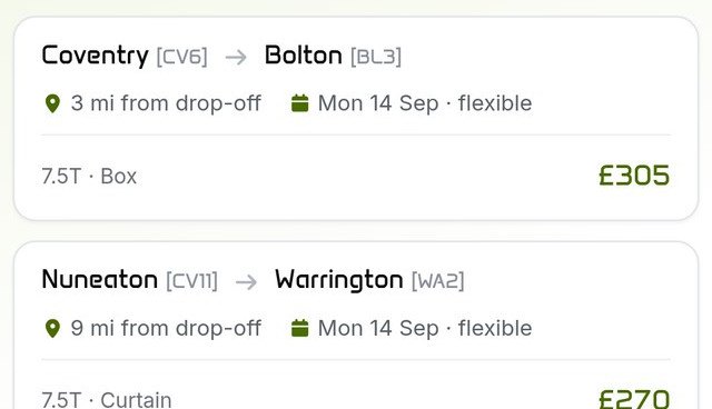Return loads starting 3 and 9 miles from a drop-off in Coventry