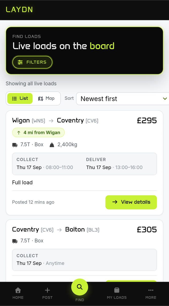 The Laydn board on a phone: Wigan to Coventry for £295, 4 miles away, then Coventry to Bolton for £305