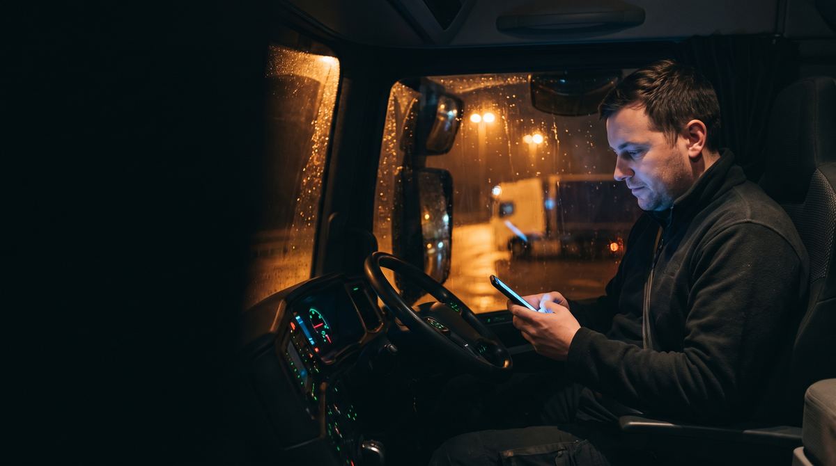 A driver checking his phone in the cab at night