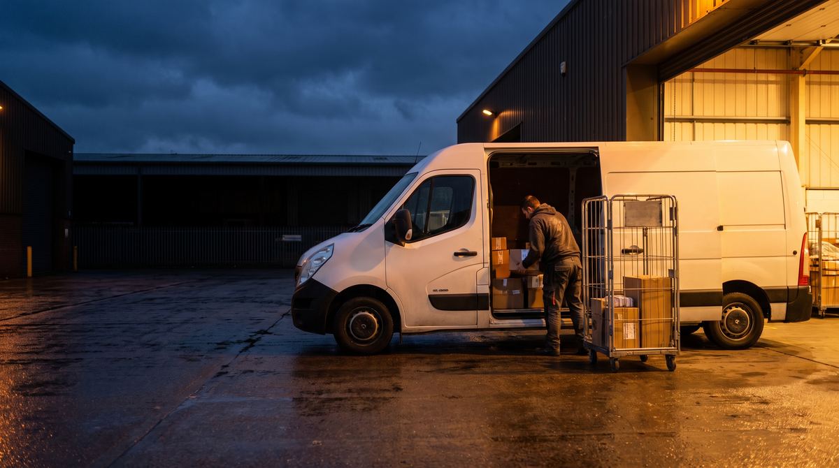 A courier loading parcels into a van outside a depot at night