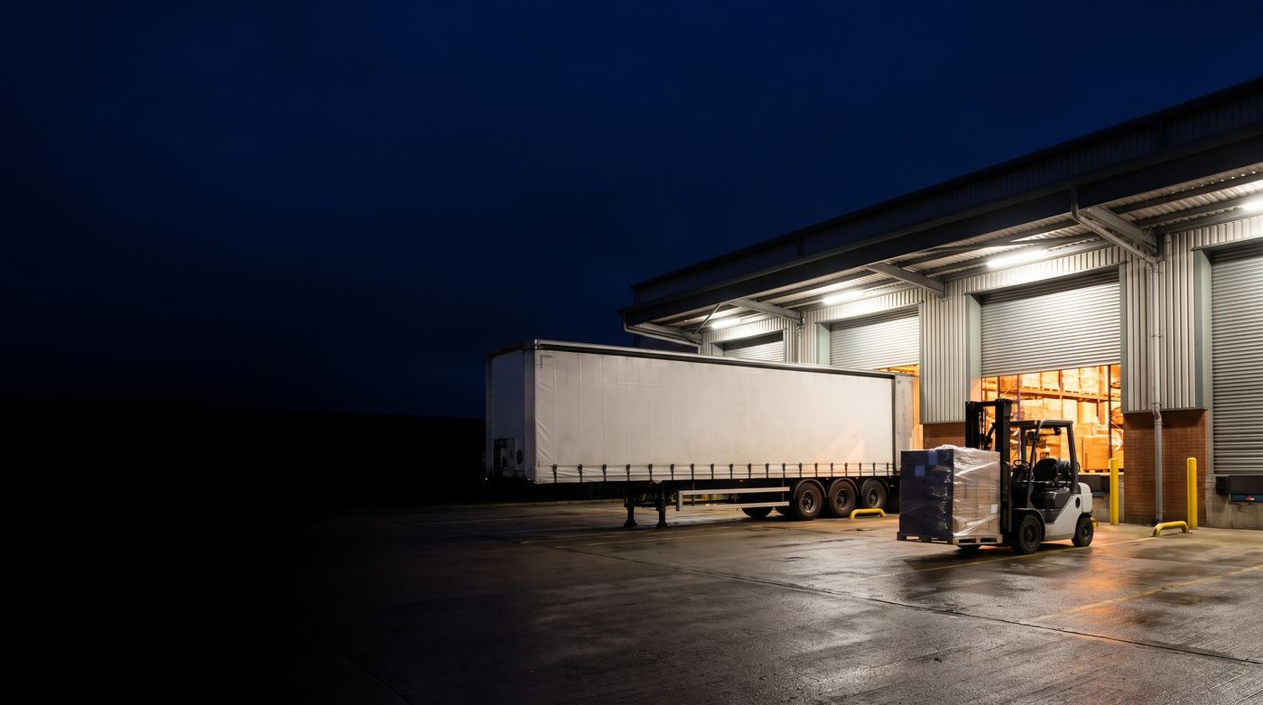 A forklift loading a curtainsider at a lit warehouse loading dock at night