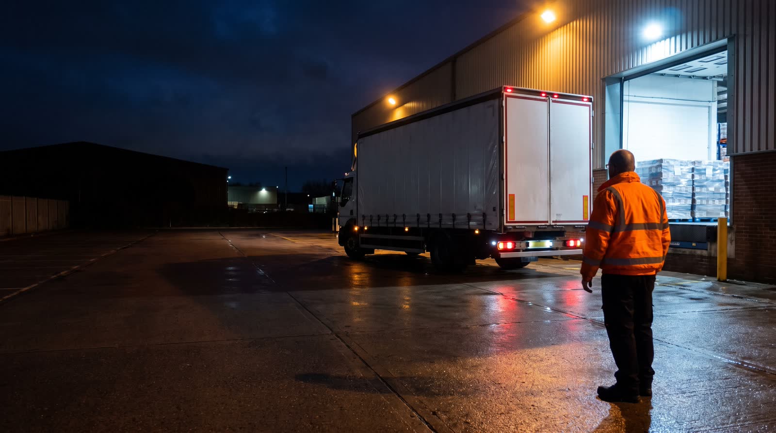A warehouse manager watching a curtainsider lorry at a lit loading bay at night