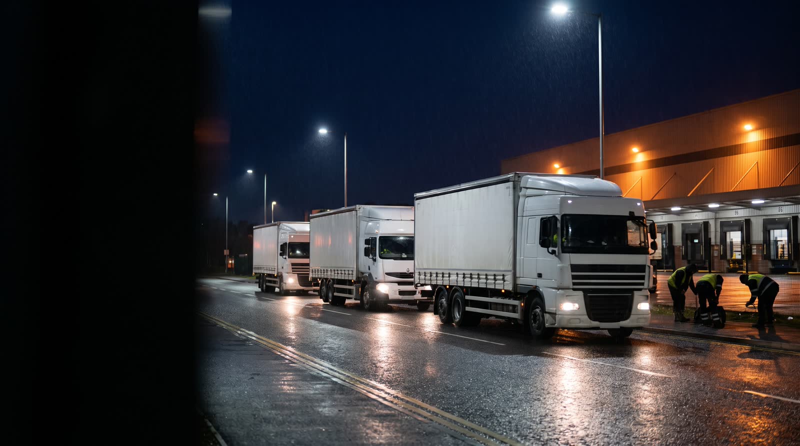 Three curtainside lorries leaving a distribution centre at night