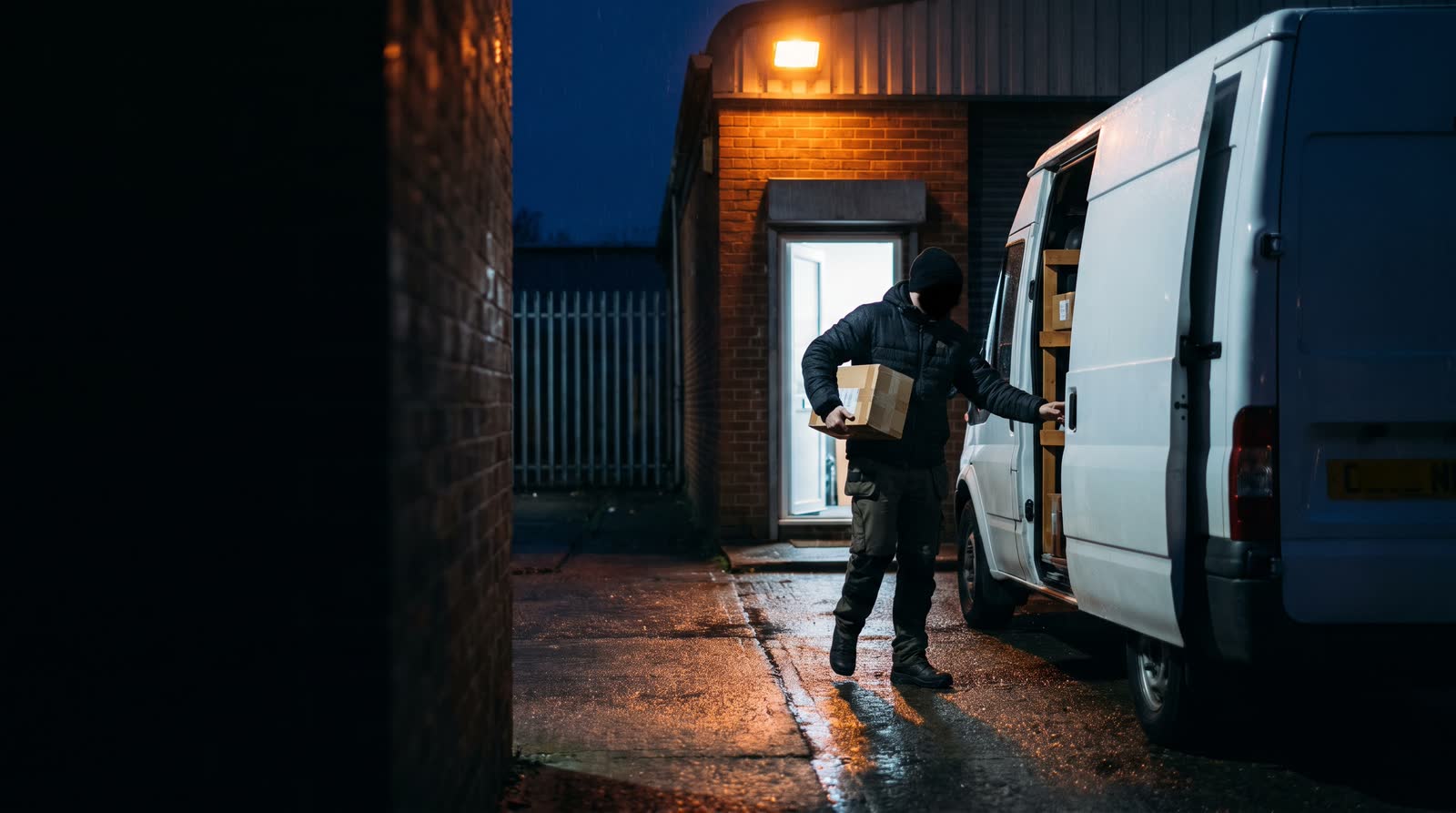 A self-employed courier carrying a parcel from his van to a unit on an industrial estate at night