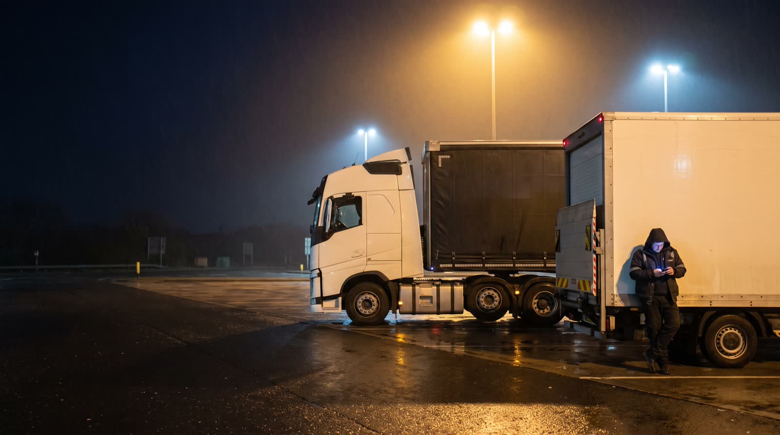A driver checking his phone beside a Luton van and an articulated lorry in a floodlit lorry park at night