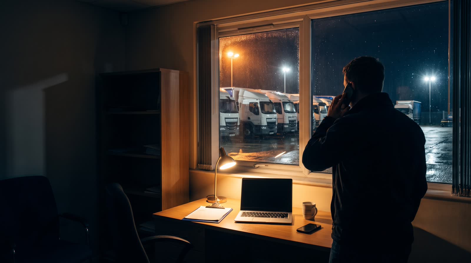 A transport planner on the phone in a depot office at night, with lorries parked outside the window