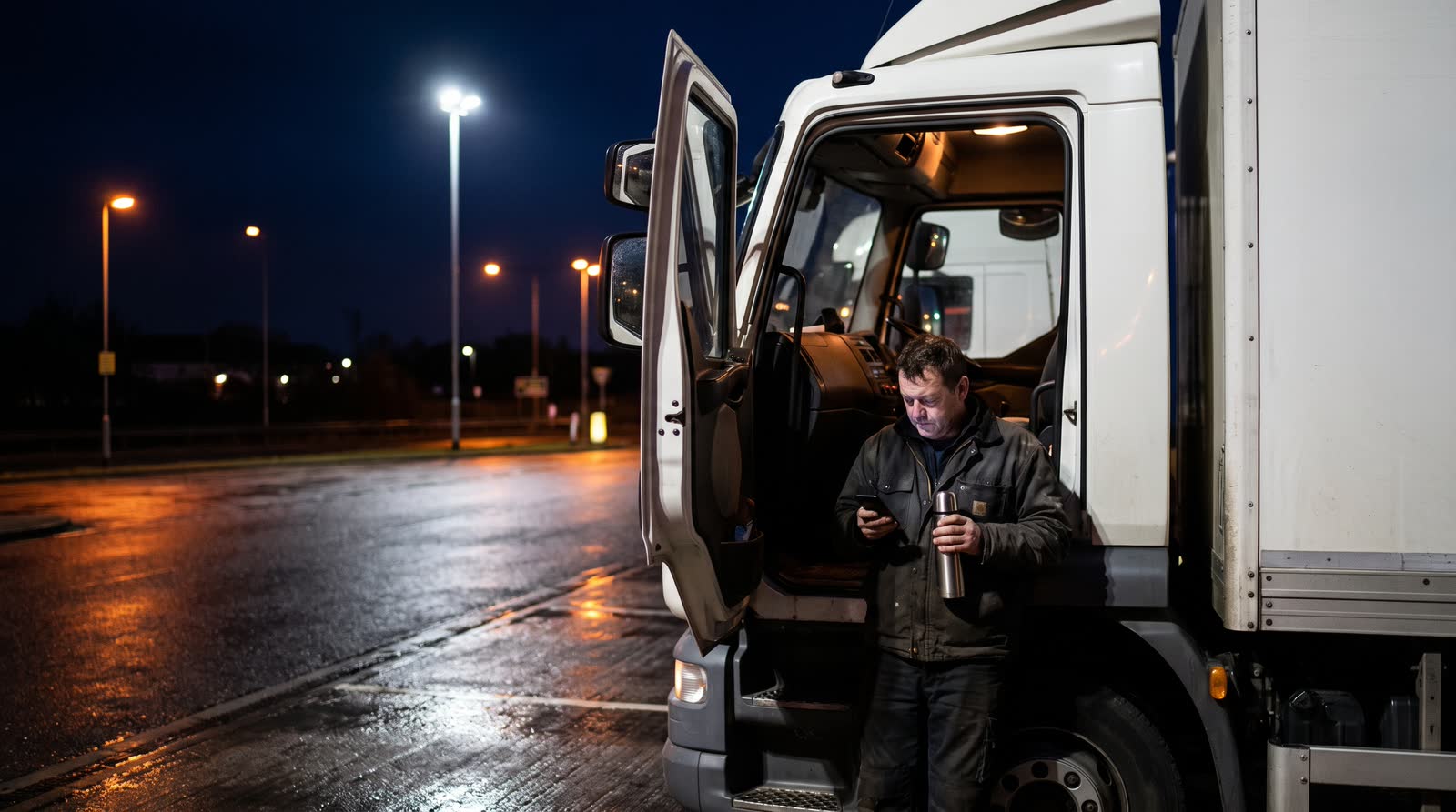An owner driver checking his phone at the door of his lorry at a truck stop at night