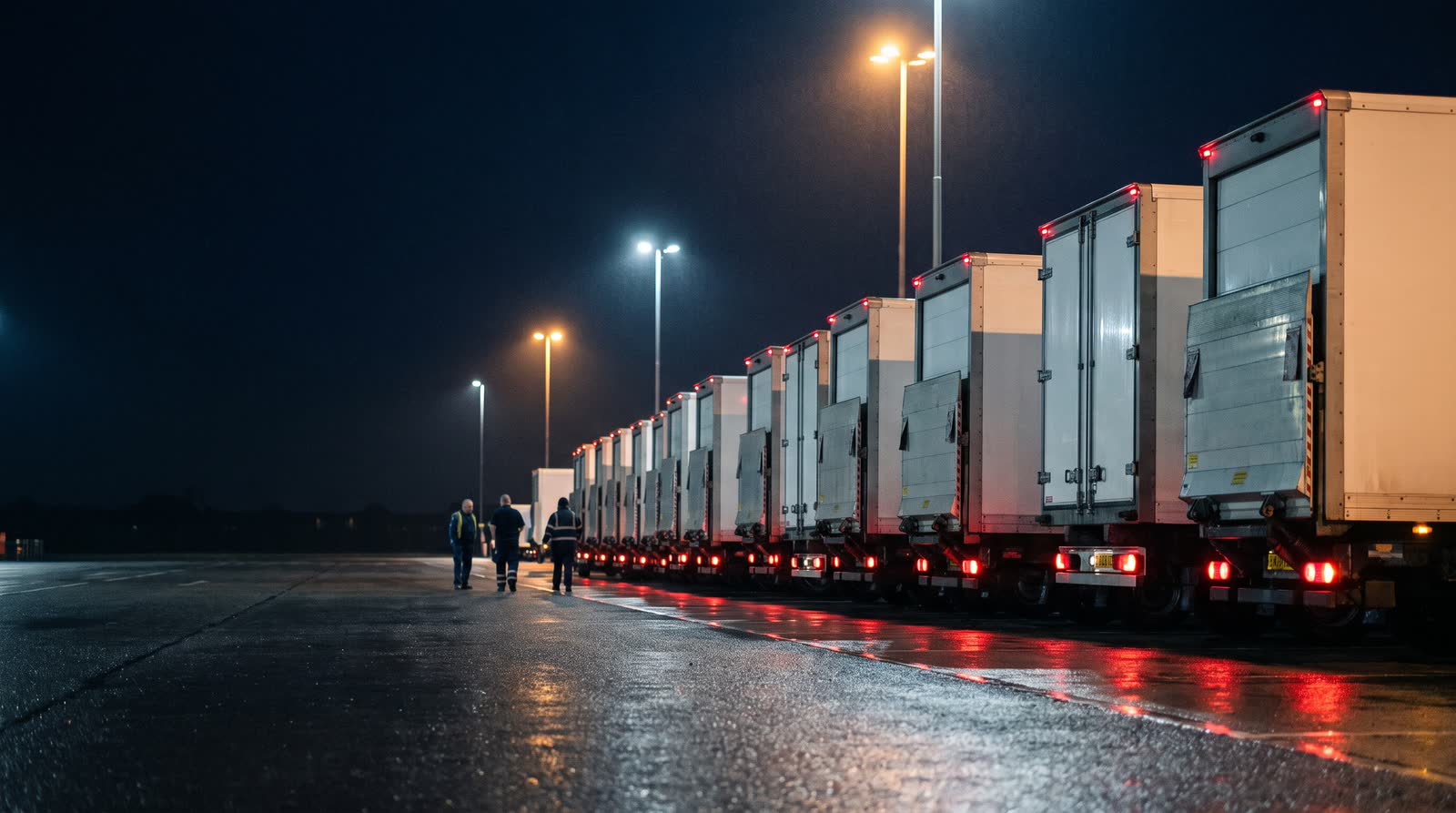 Rows of lorries and Luton vans parked at a truck stop at night