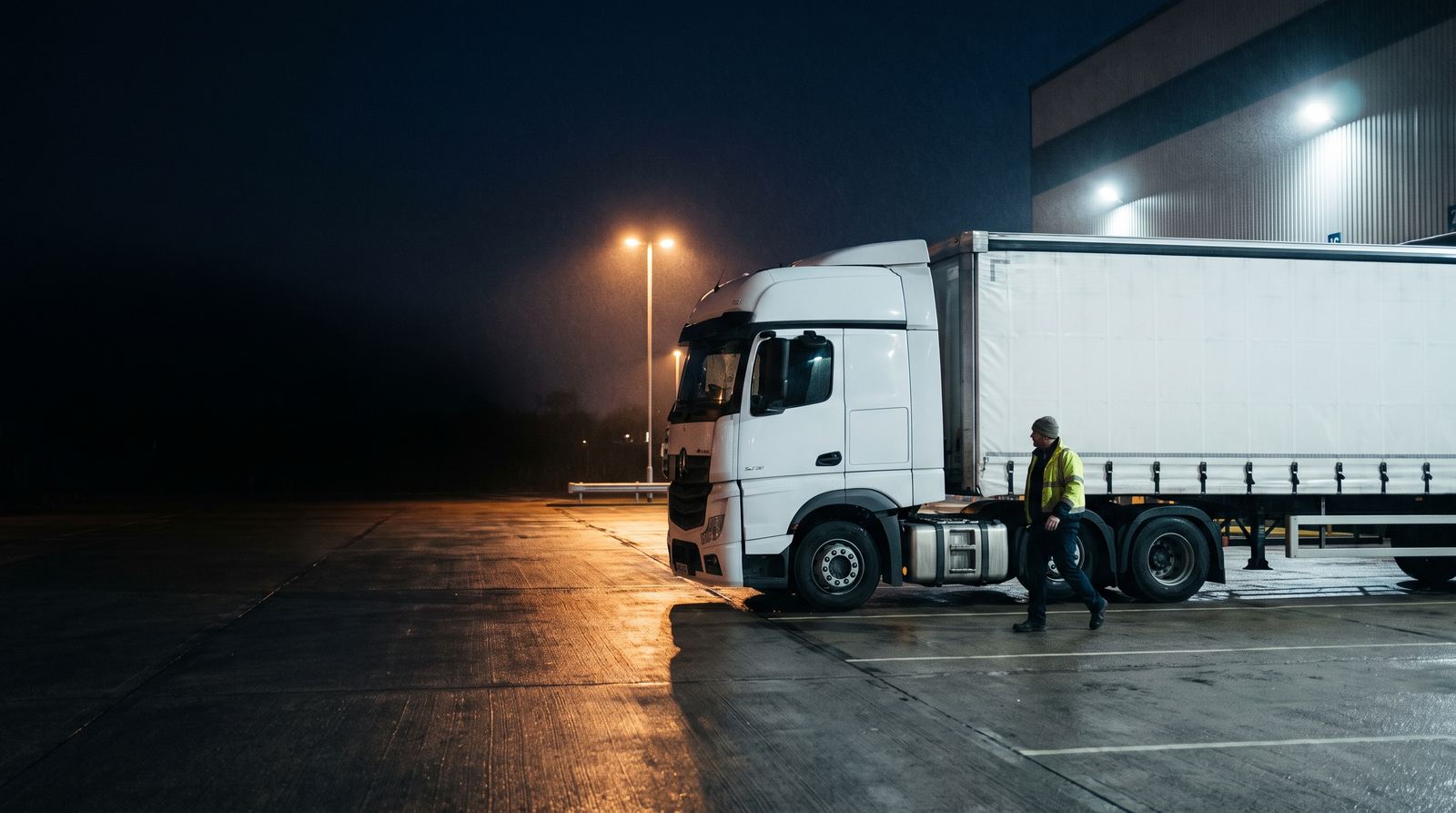 A lorry driver walking to his cab in a floodlit yard at night