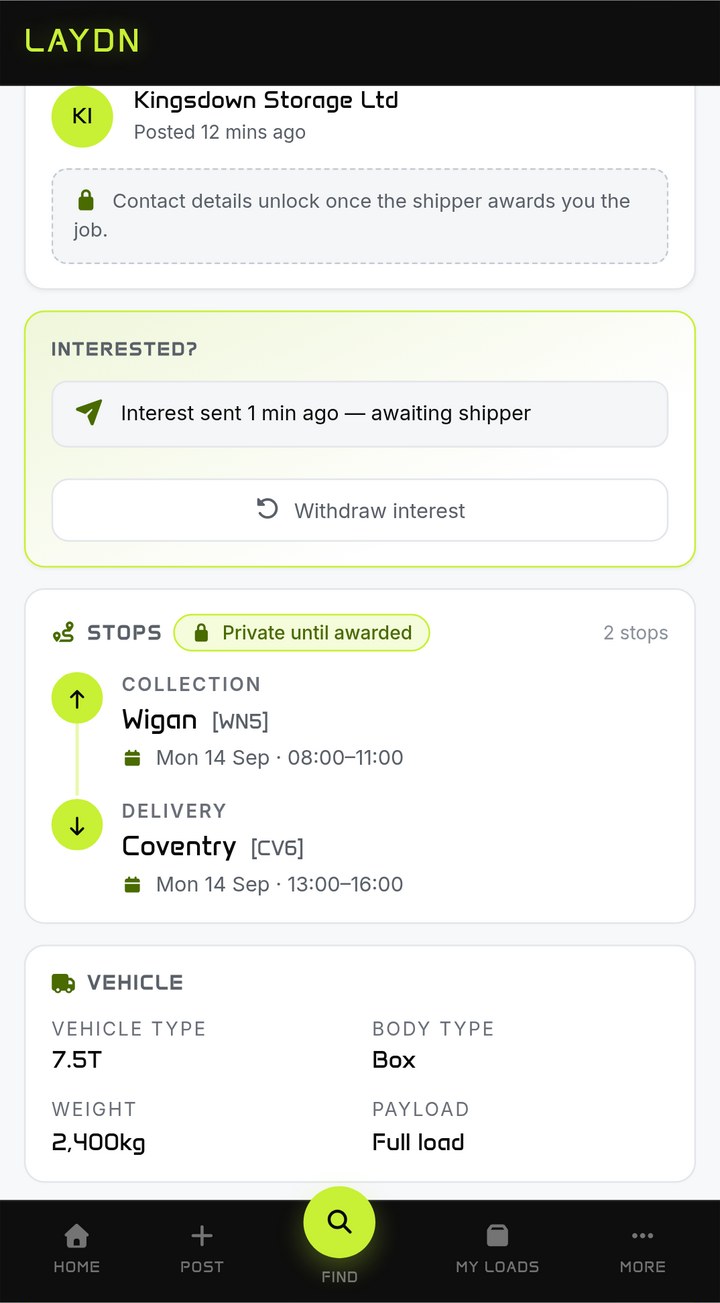 Interest sent on a load and awaiting the shipper, with a Withdraw interest button