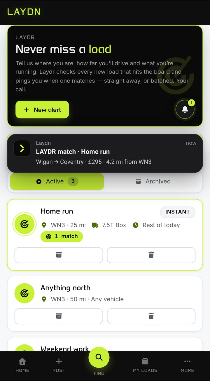 Laydr alerts on a phone with a match notification: Home run, Wigan to Coventry, £295