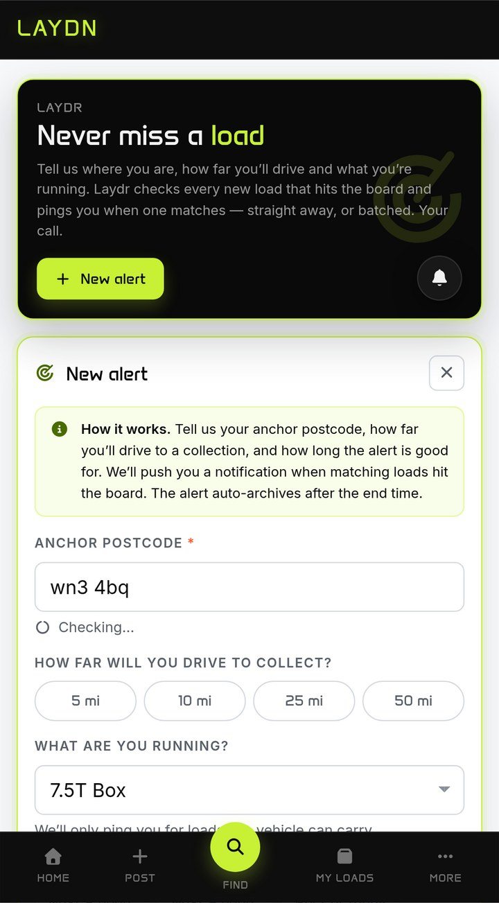 Setting up a Laydr alert with an anchor postcode, distance and vehicle