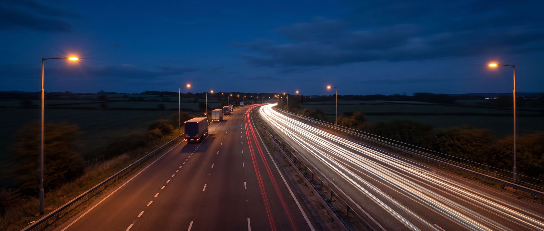 Lorries on a motorway at night with light trails