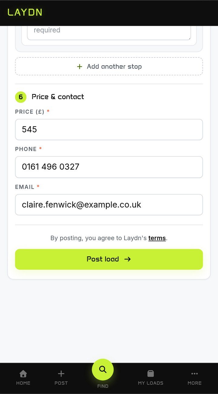 Posting a load: price, phone, email and the Post load button