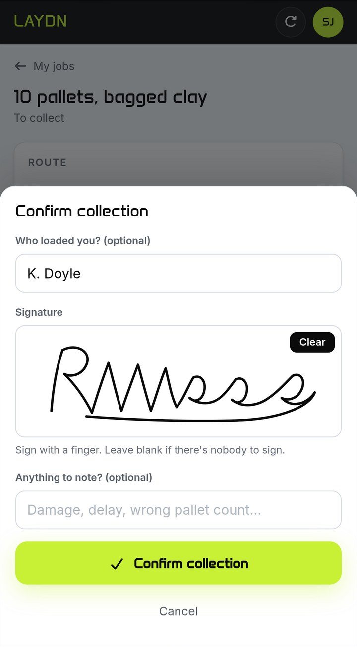 Confirming a collection on a phone, with the loader's name and a signature