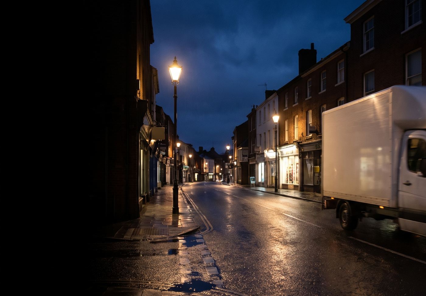 A courier's Luton van on a wet high street at night
