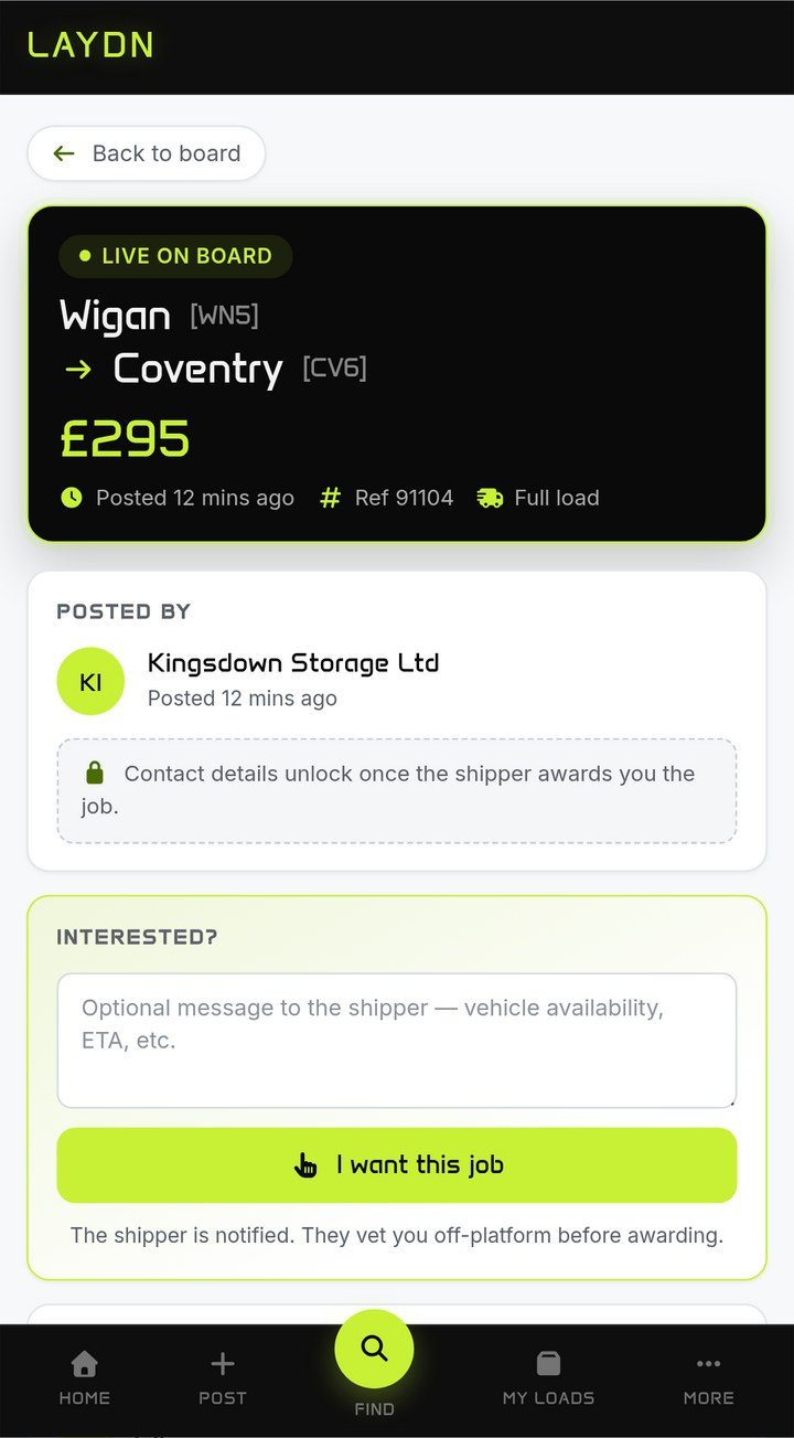 A live load from Wigan to Coventry for £295 with an I want this job button